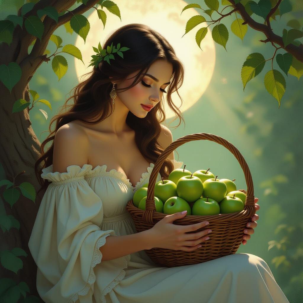 Ethereal Woman with Sour Apples in Oil Painting Style