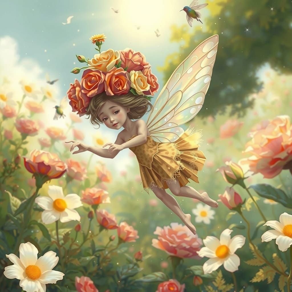 Fairy with Rose Crown in Sunlit Garden