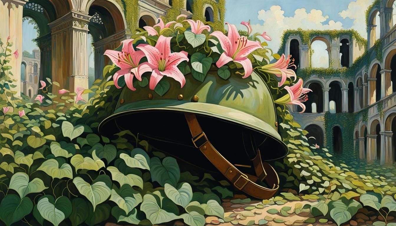 Lily Emerges from Helmet in Post-War Landscape