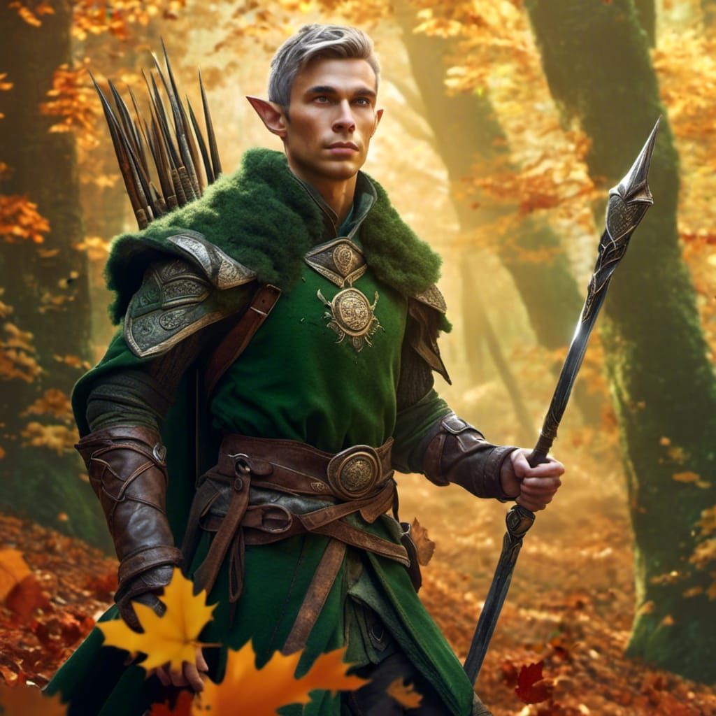 Hyperrealistic Elf with Spear in Autumn Forest
