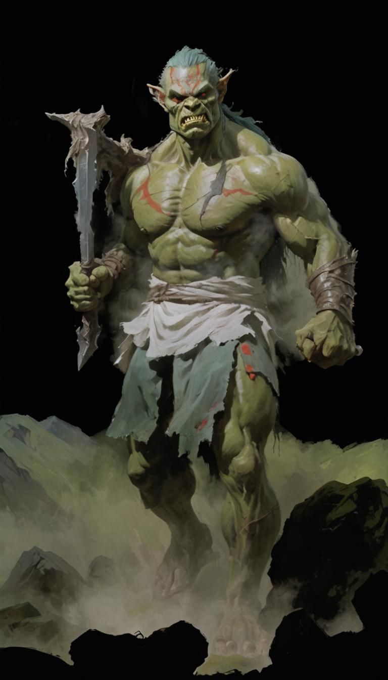 Orc Warrior Charging in Misty Valley: Fauvist Fantasy Art