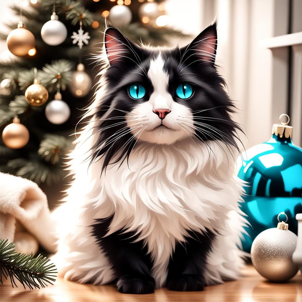 Black and White Cat with Blue Eyes Christmas Scene