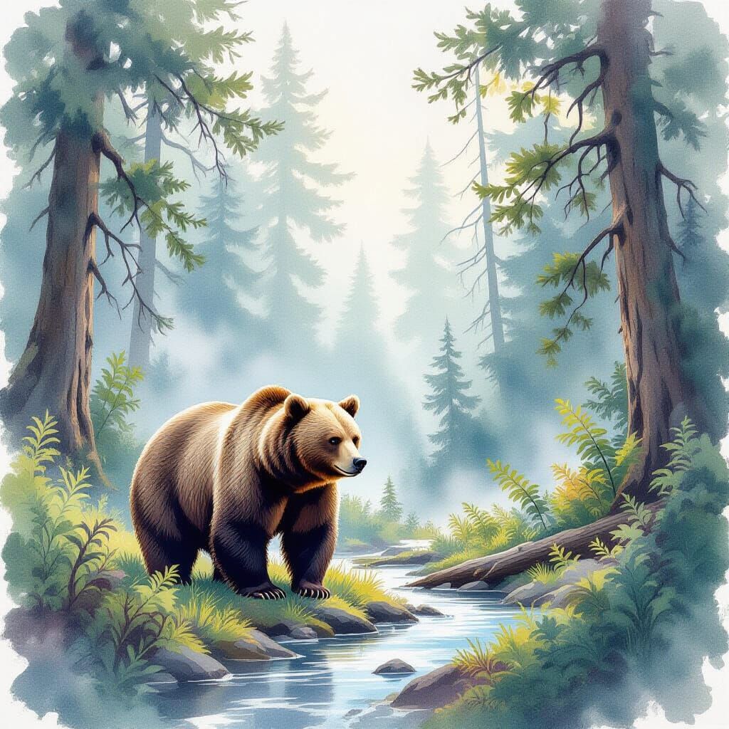Grizzly Bear in Rainforest, Watercolor Style