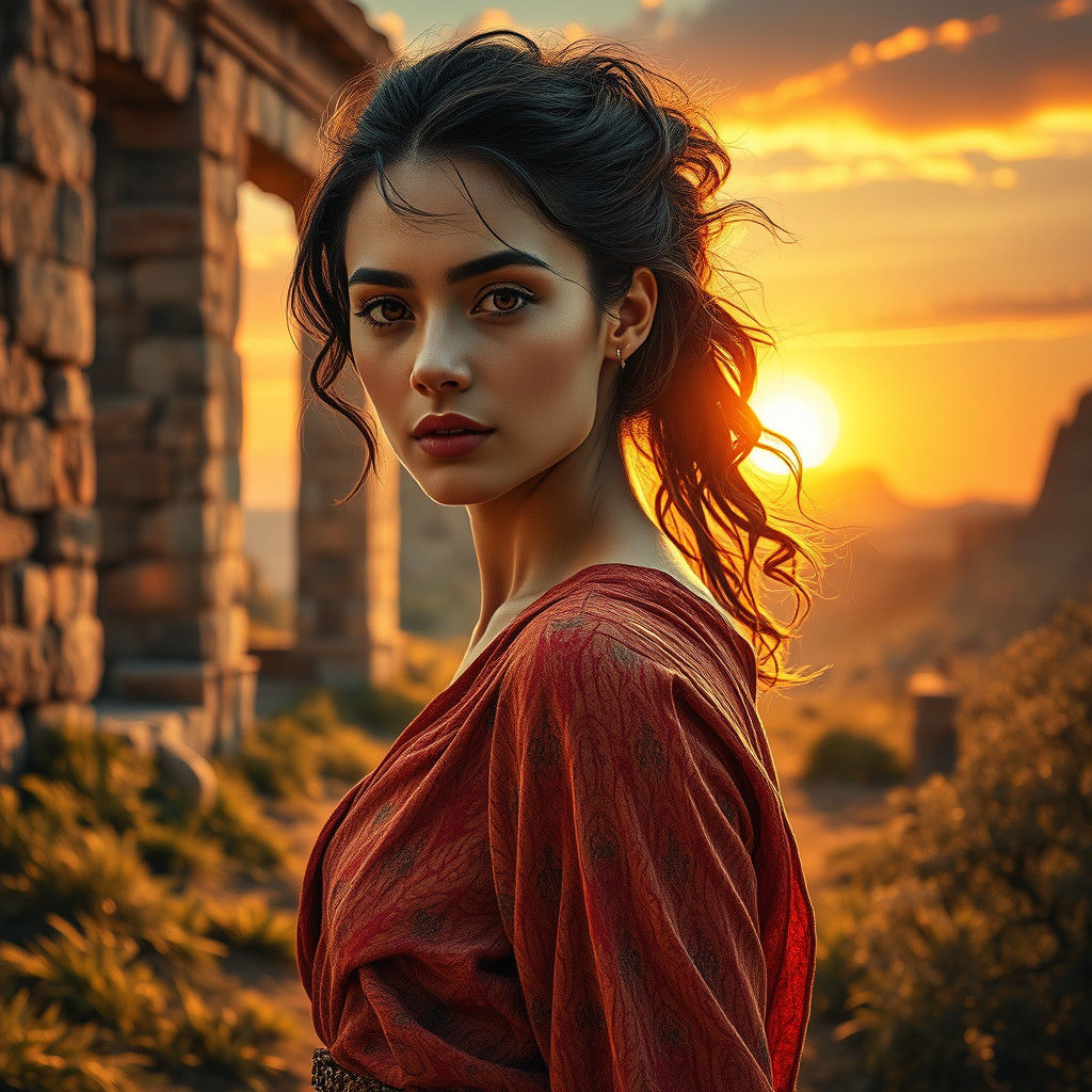 Woman in Ancient Landscape at Sunset