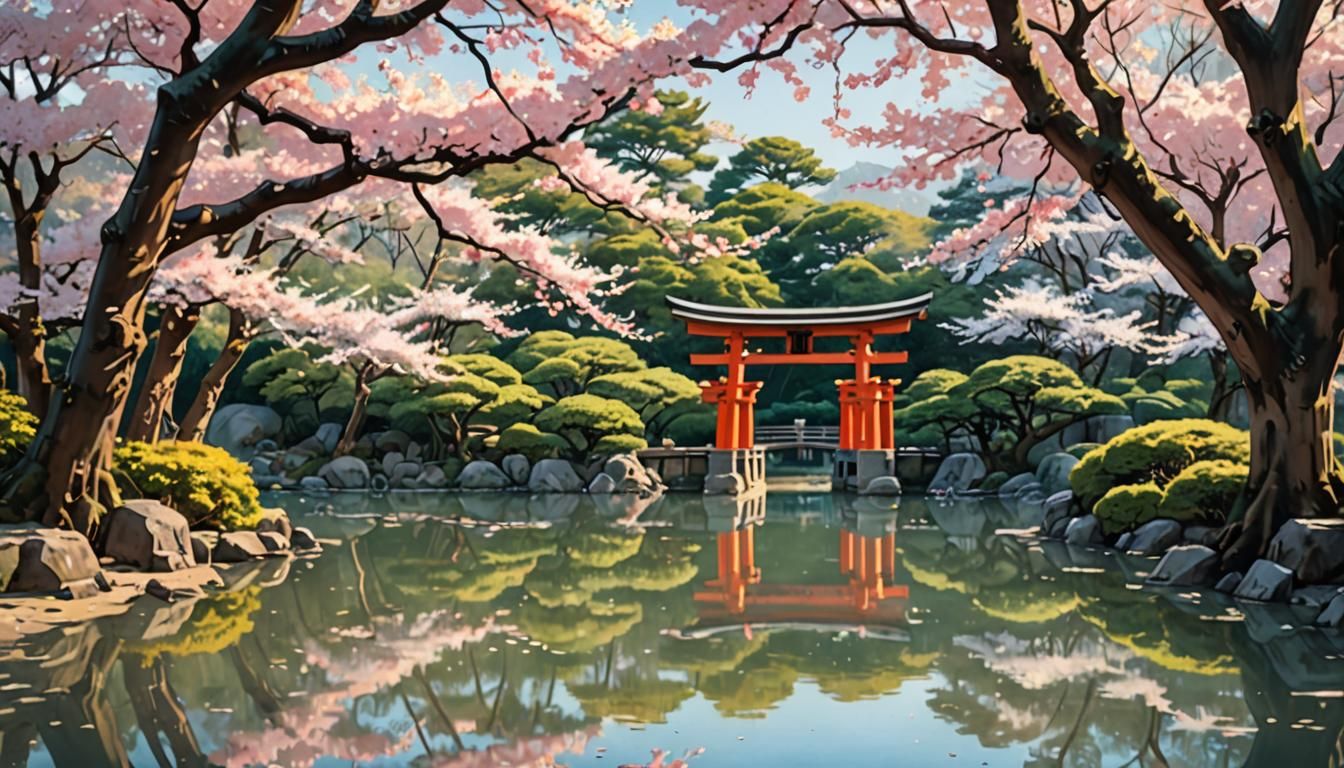 Japanese Garden in Ukiyo-e Style with Cherry Blossoms