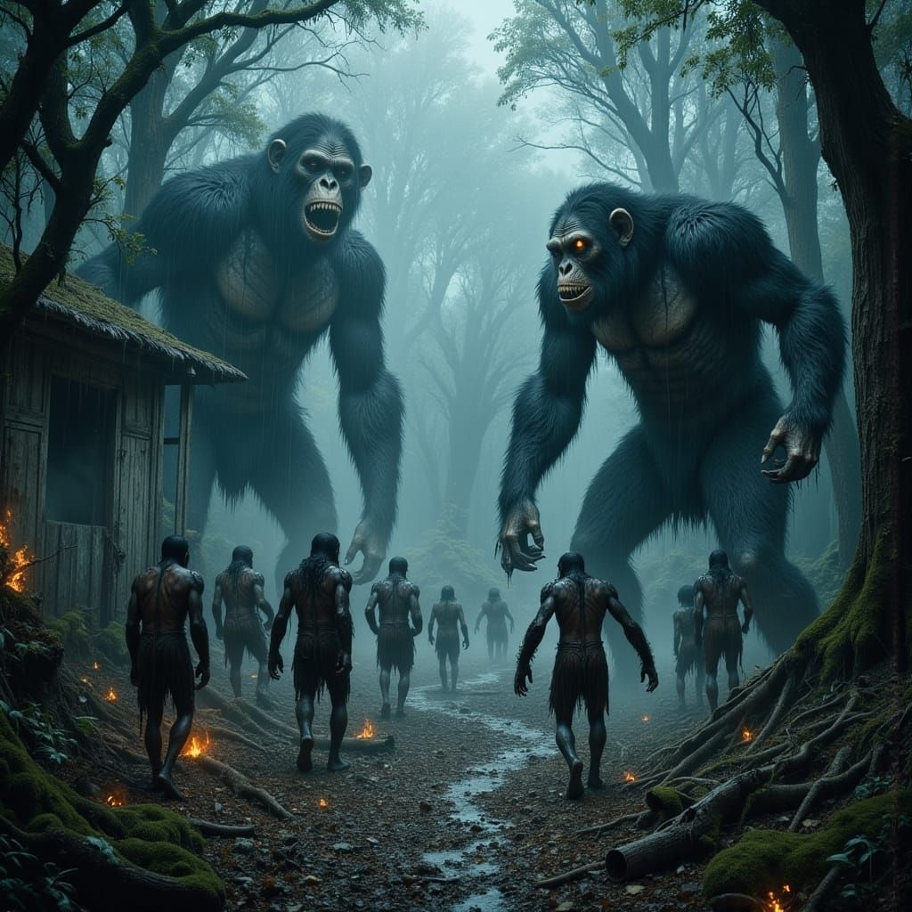 Misty Forest: Chimpanzees Approach Village in Dark Fantasy S...