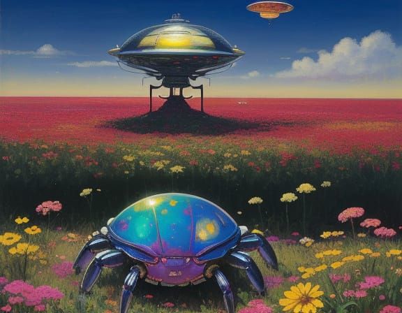 Whimsical Alien Crab Pilot in Retro Spaceship Landing