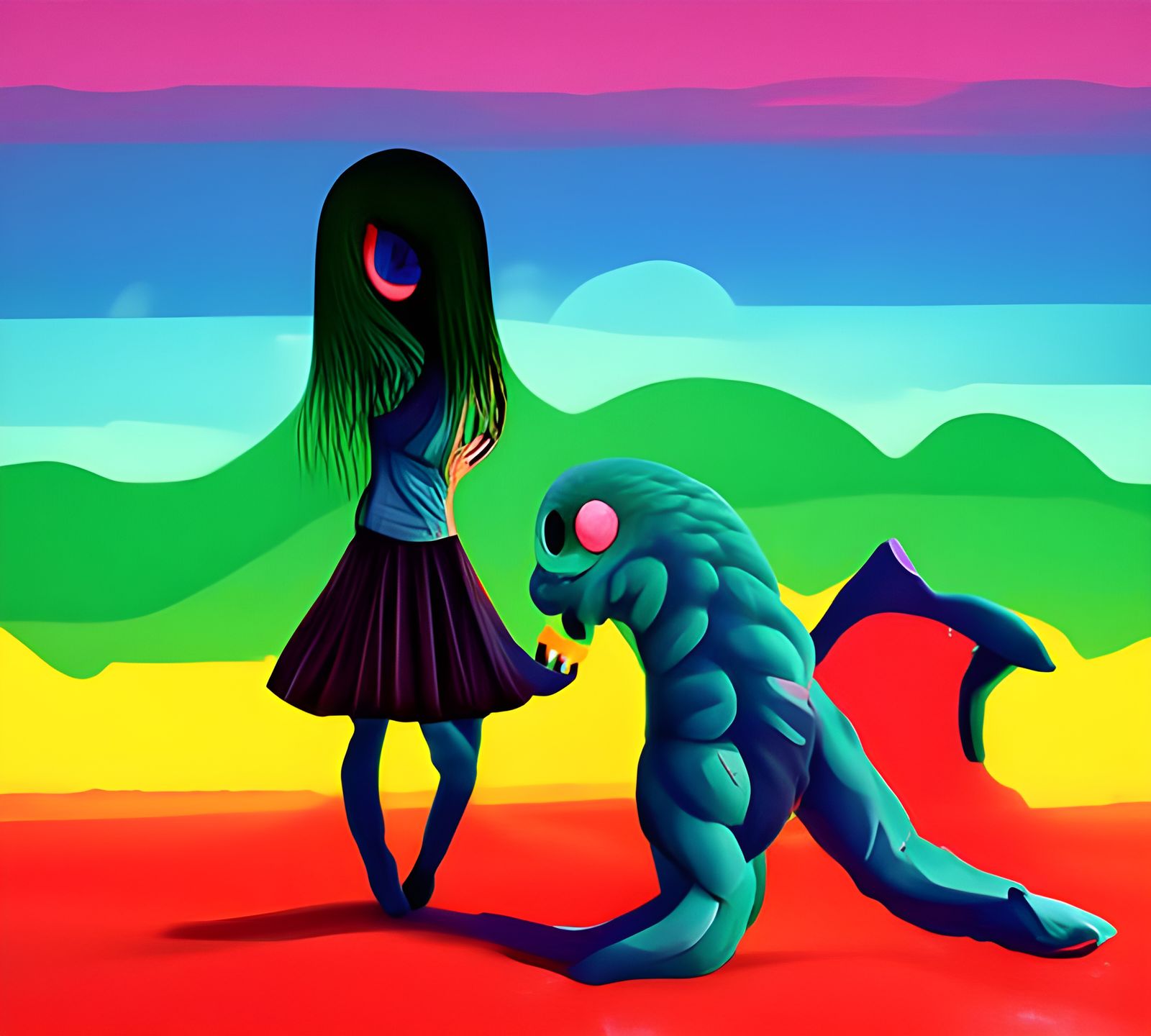 Girl and Monster Dancing: Surreal Pixel Art
