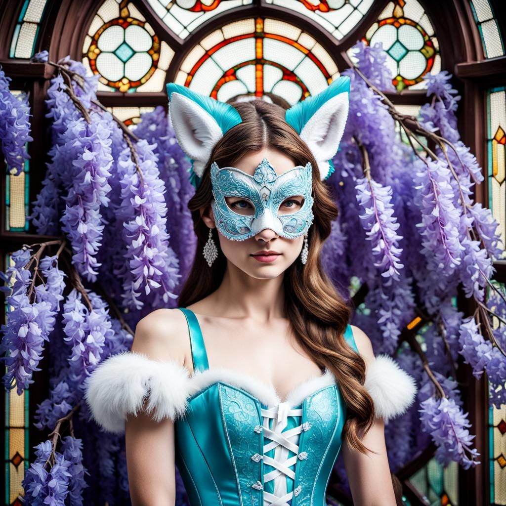 Fox-Eared Woman in Gown Before Wisteria Window