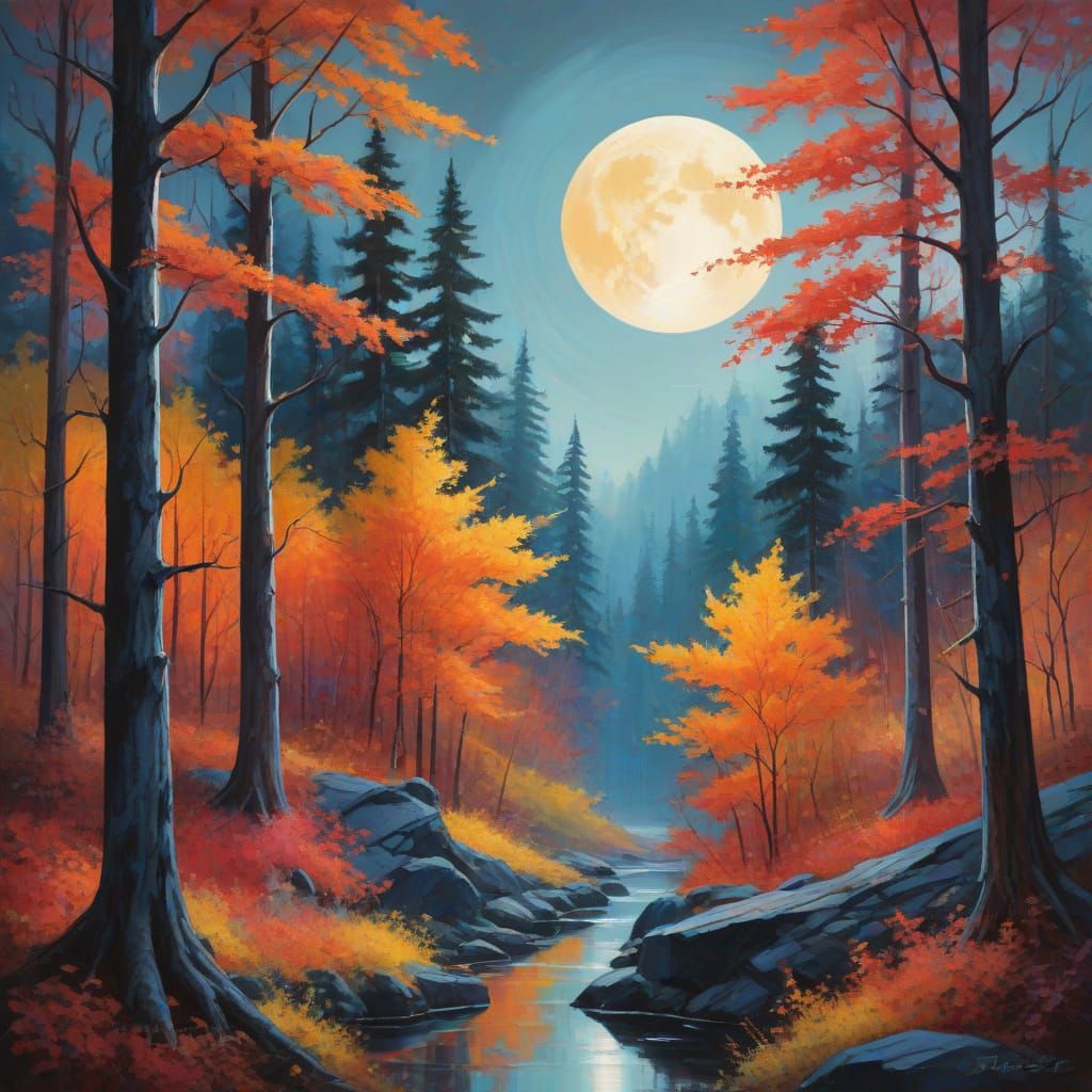 Surreal Autumn Landscape Under Full Moon