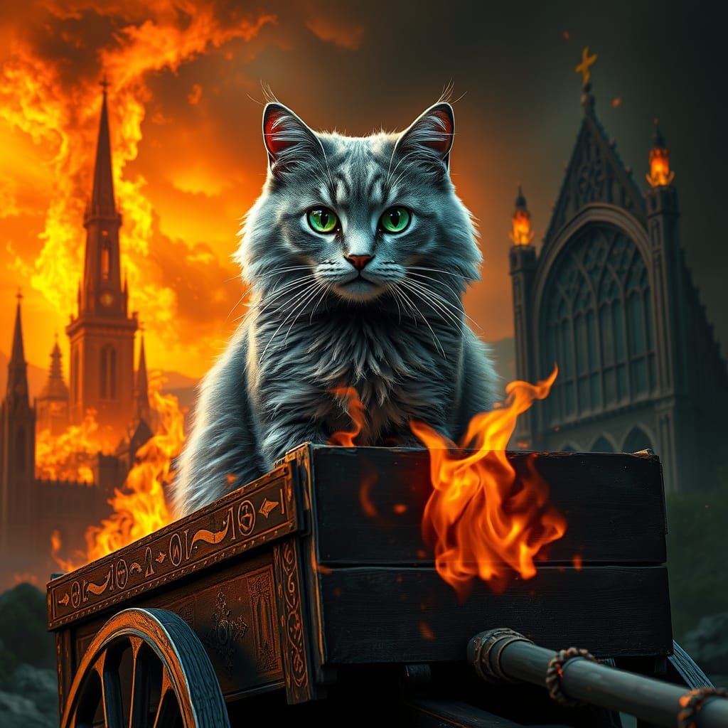 Regal Cat Watches as Inferno Engulfs Mystical Cart