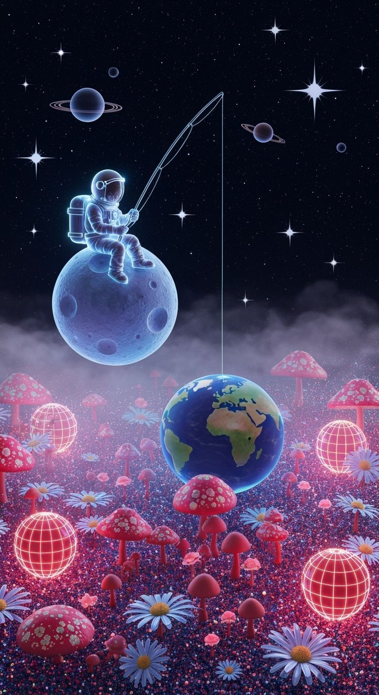 Neon Crystal Astronaut Fishes Earth from Moon
