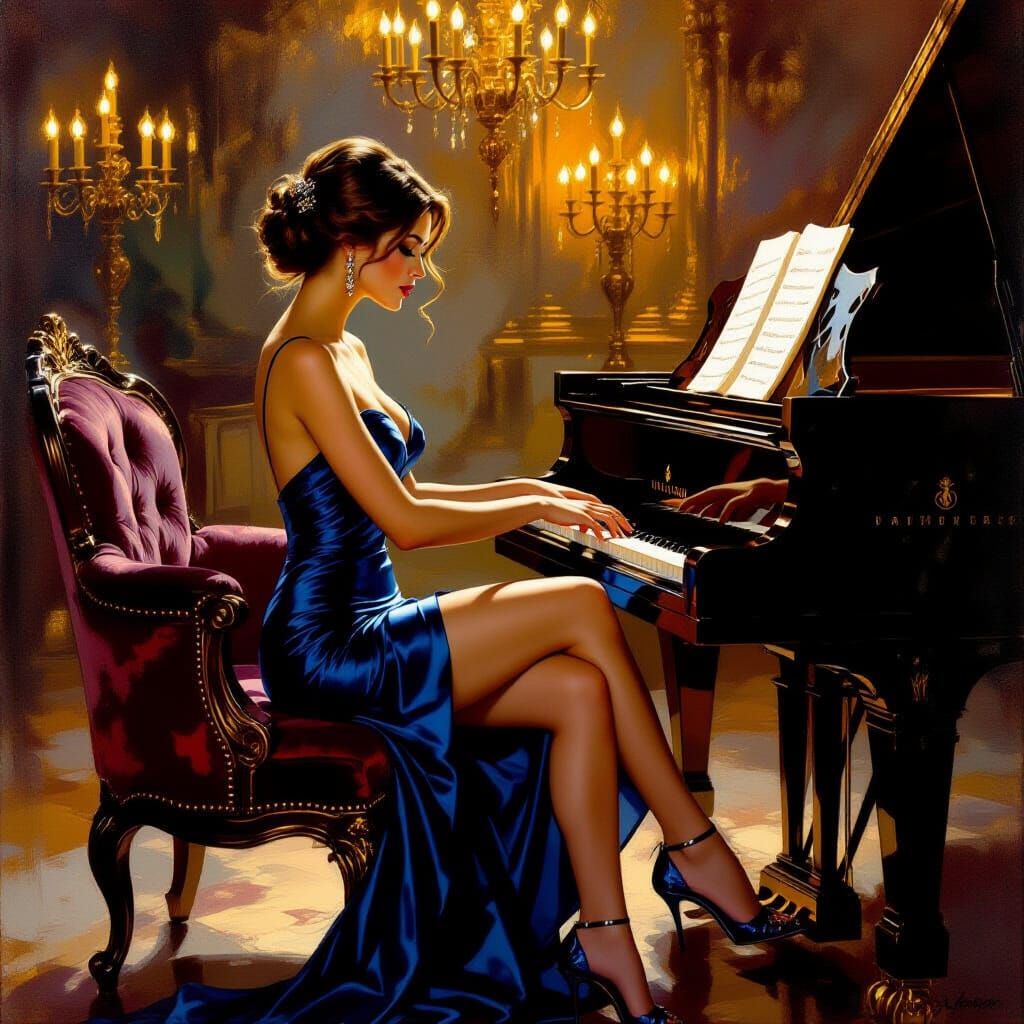 Woman in Sapphire Dress Plays Piano in Opulent Ballroom Oil ...