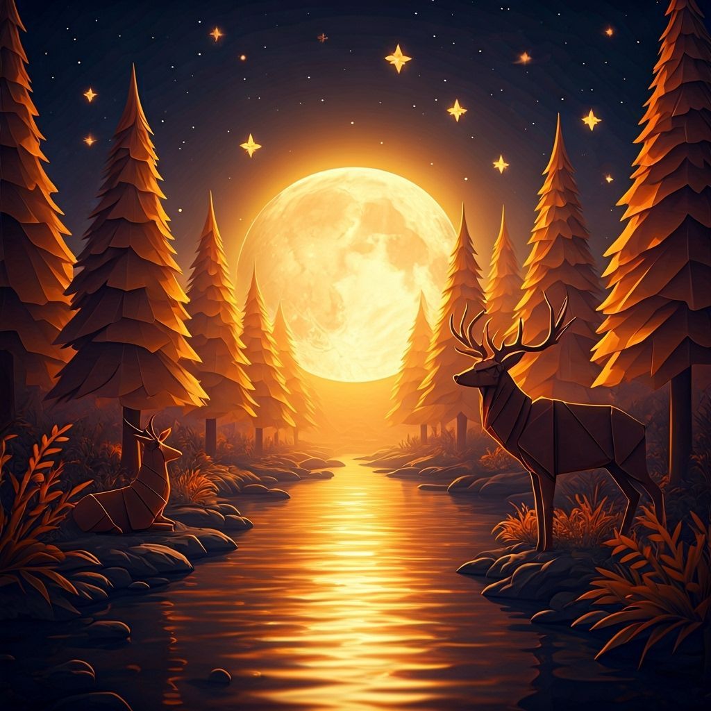Magical Origami Night Scene with Golden River