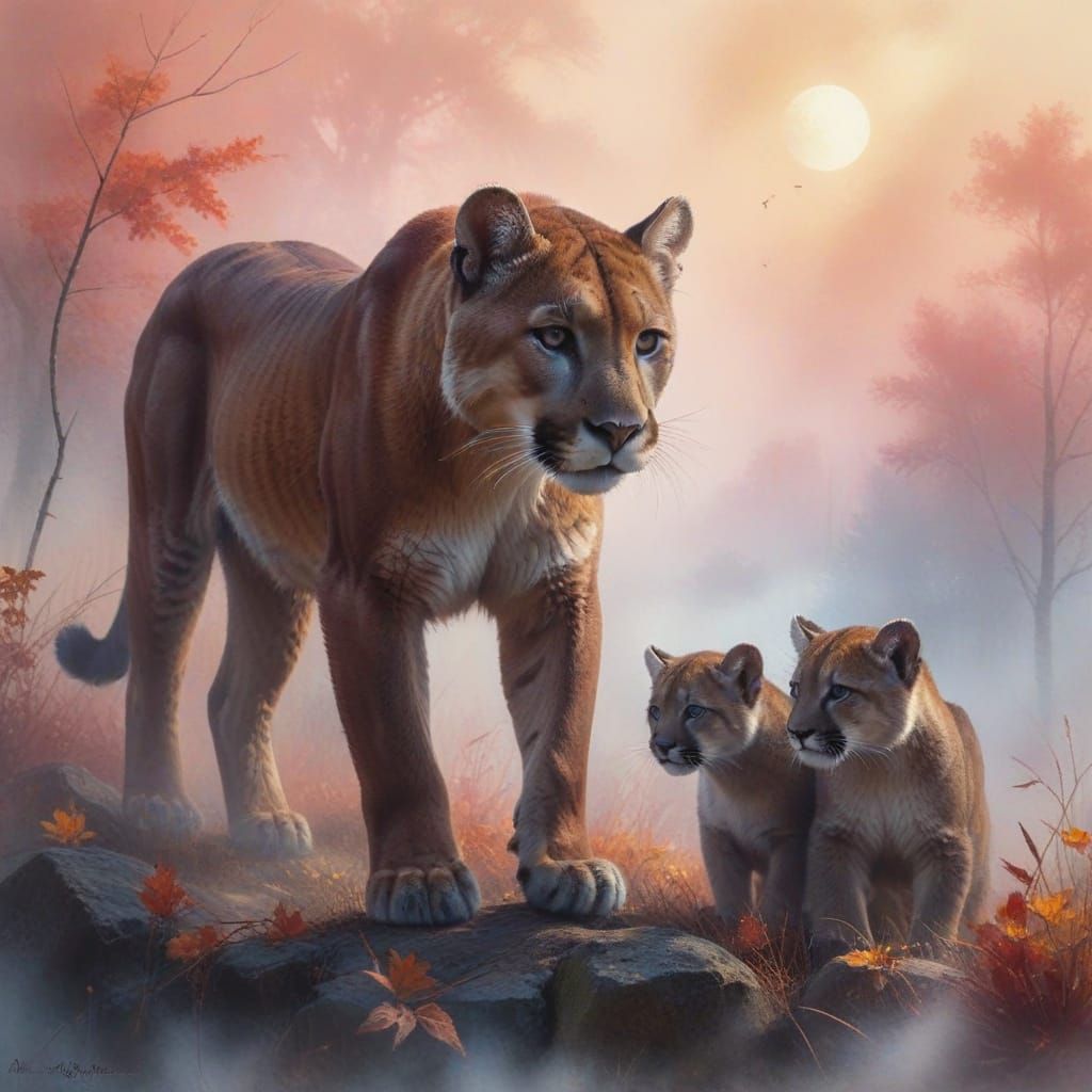 Vibrant Autumn Puma Family in Ethereal Watercolor Oil Painti...