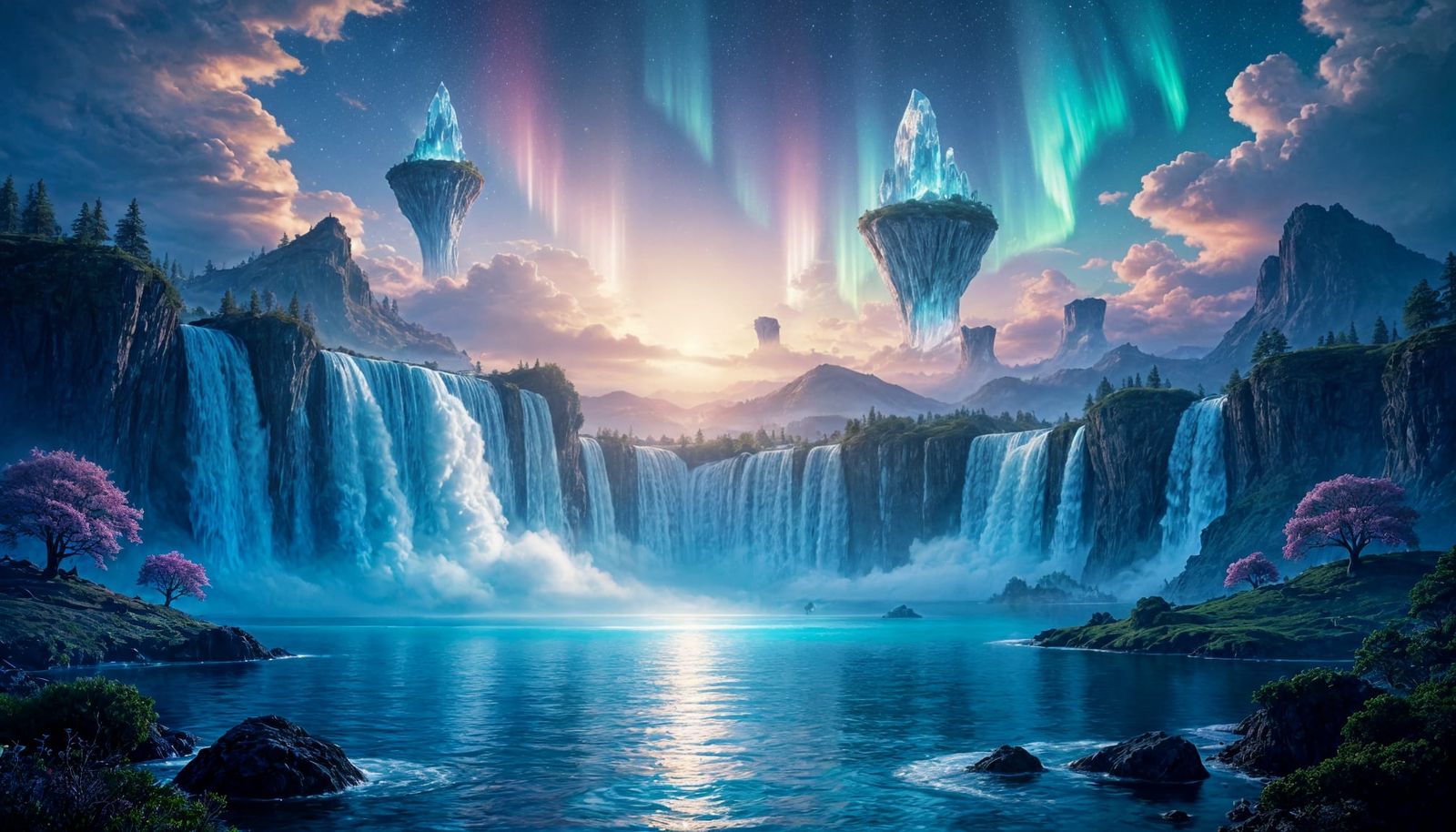 Surreal Crystal Waterfall Landscape with Floating Islands