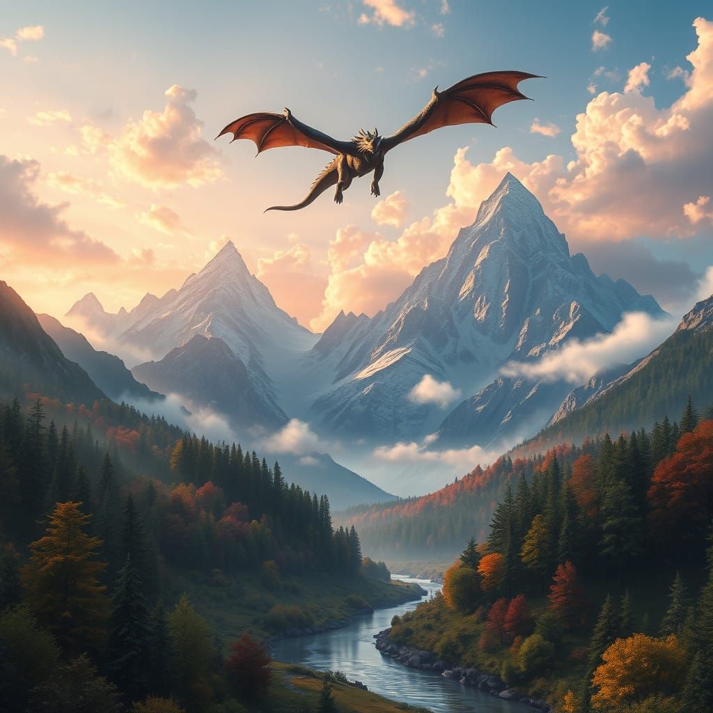 Majestic Mountain Range with Dragon in Awe-Inspiring Aerial...