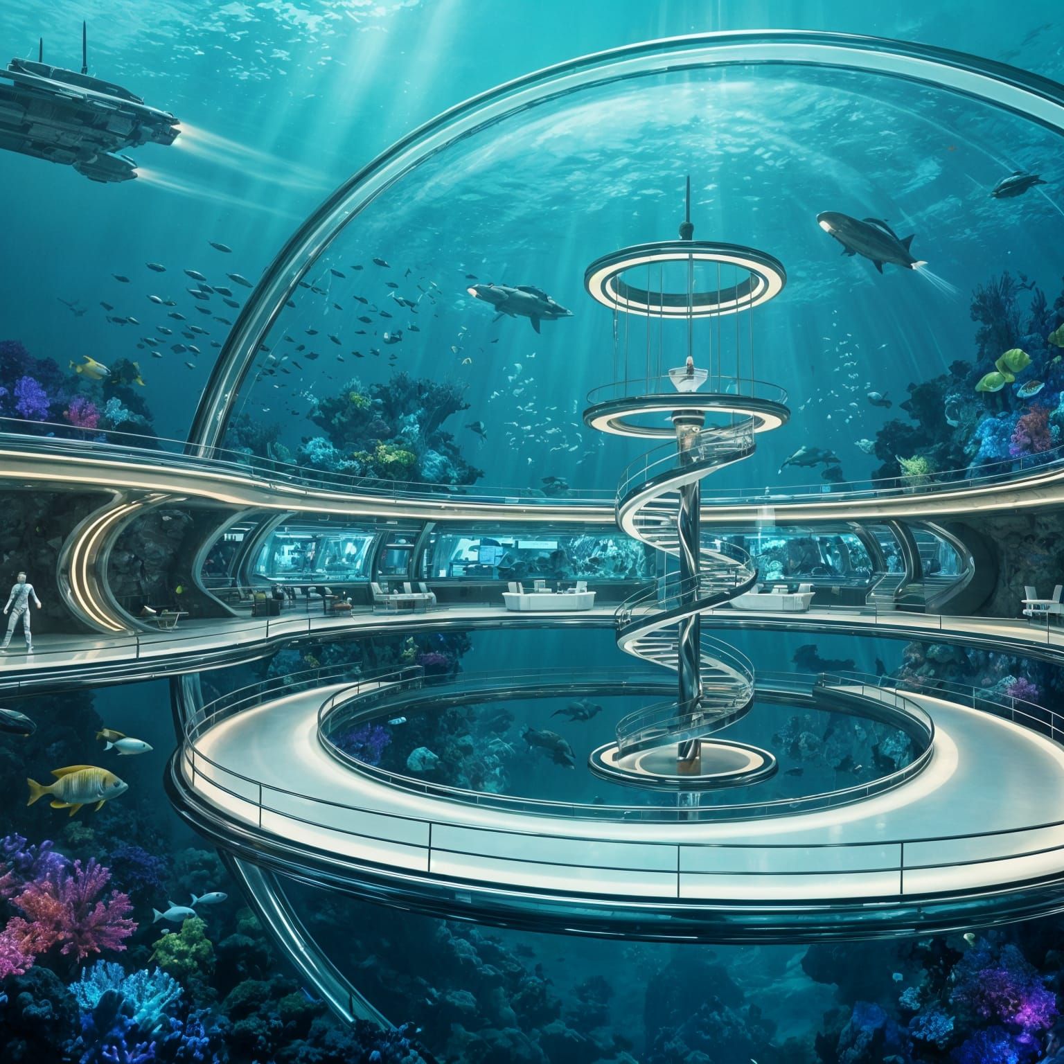 Underwater Dome Headquarters with Tropical Fish and Submarin...