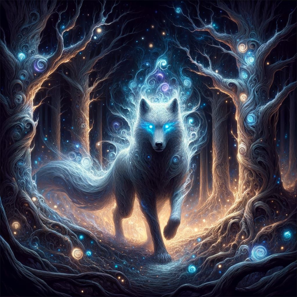 Spectral Wolf Emerges from Mystical Forest