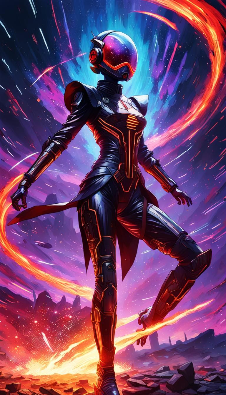Cyberpunk Android Fire Dancer in Space