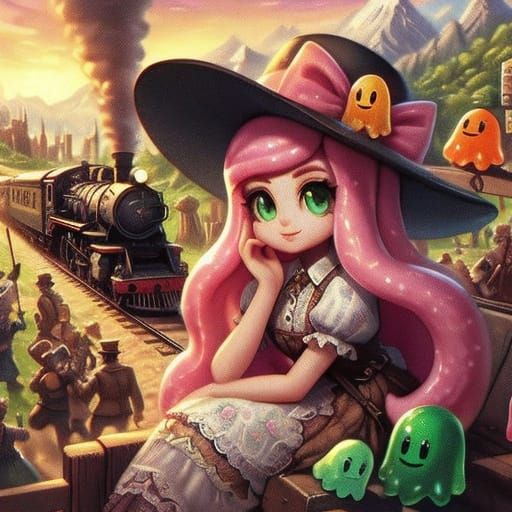 Lady Gummy Girl in a Surreal Countryside Train Landscape