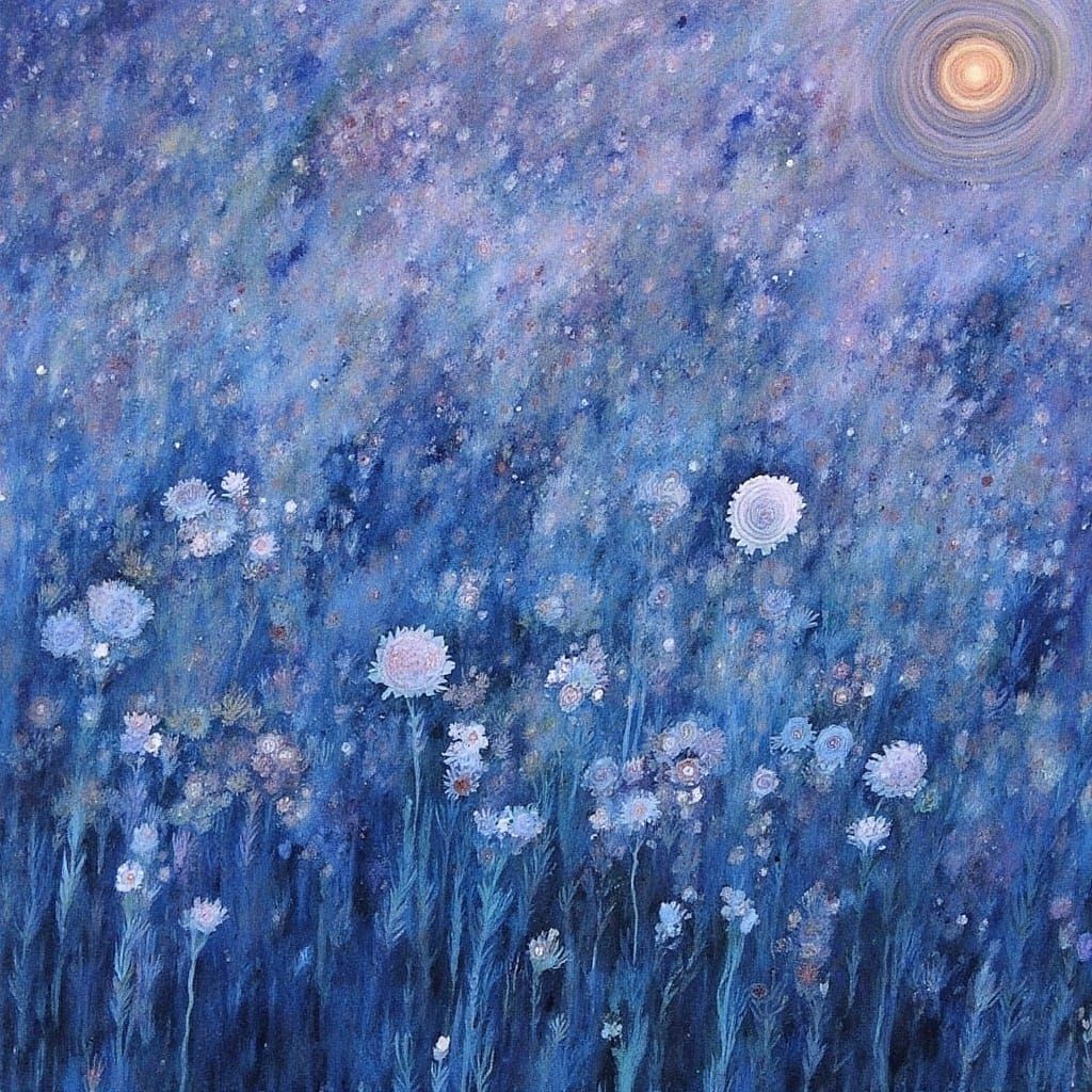 Intricate Art Nouveau Blue Flowers in Ethereal Twilight