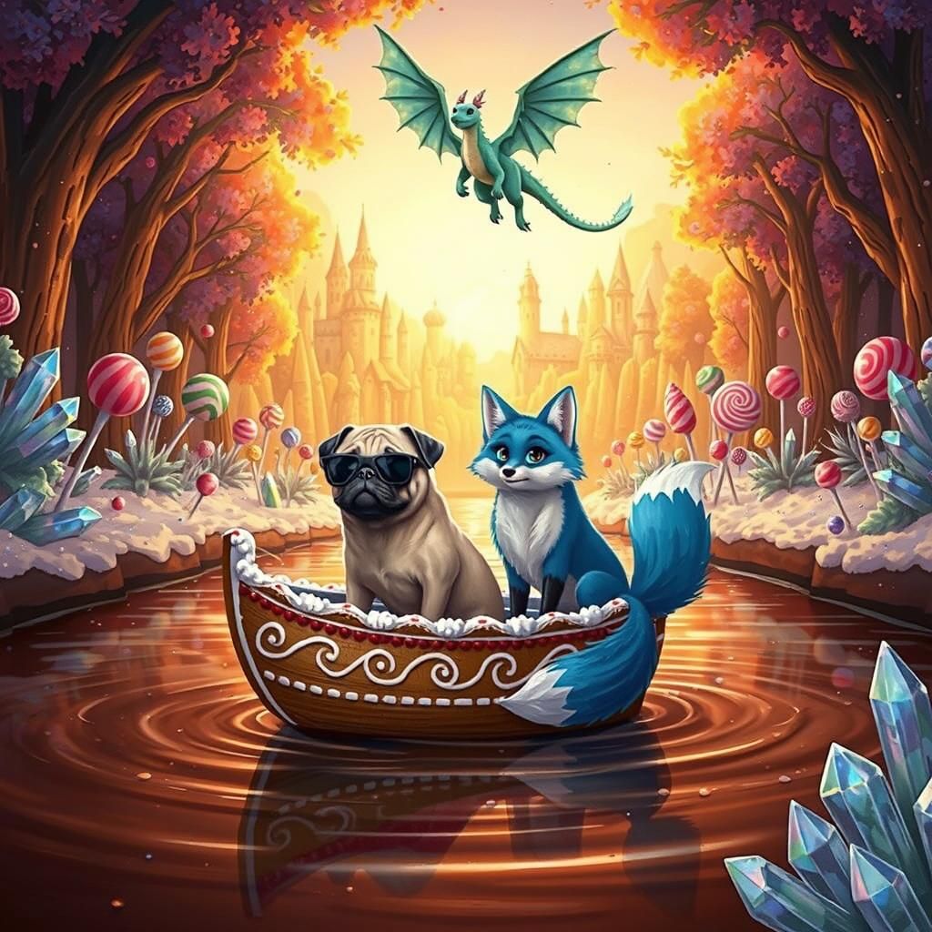 Pug and Fox in Candy Land Illustration