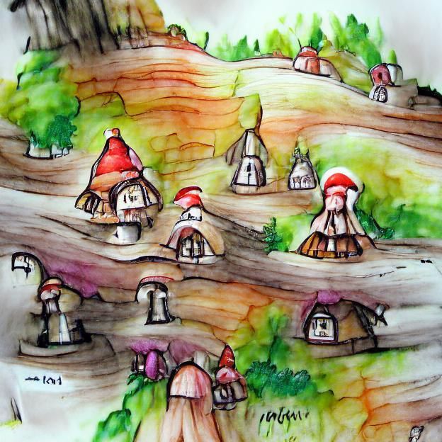 Whimsical Mushroom Forest Village: Watercolor Ink Drawing