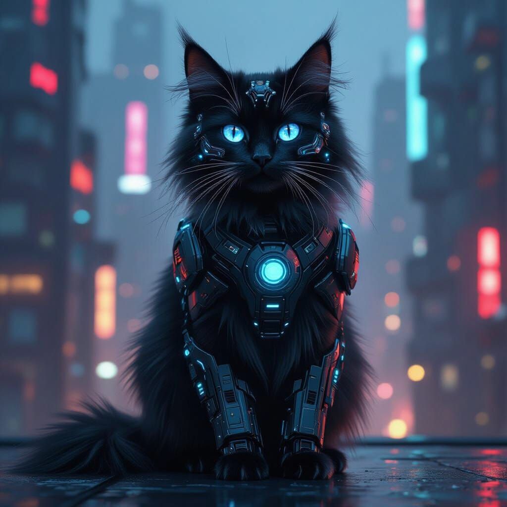 Cyborg Black Cat with Cybernetic Enhancements