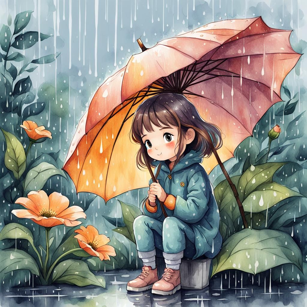 Cute Girl Shelters Under Flower: Cartoon Watercolor