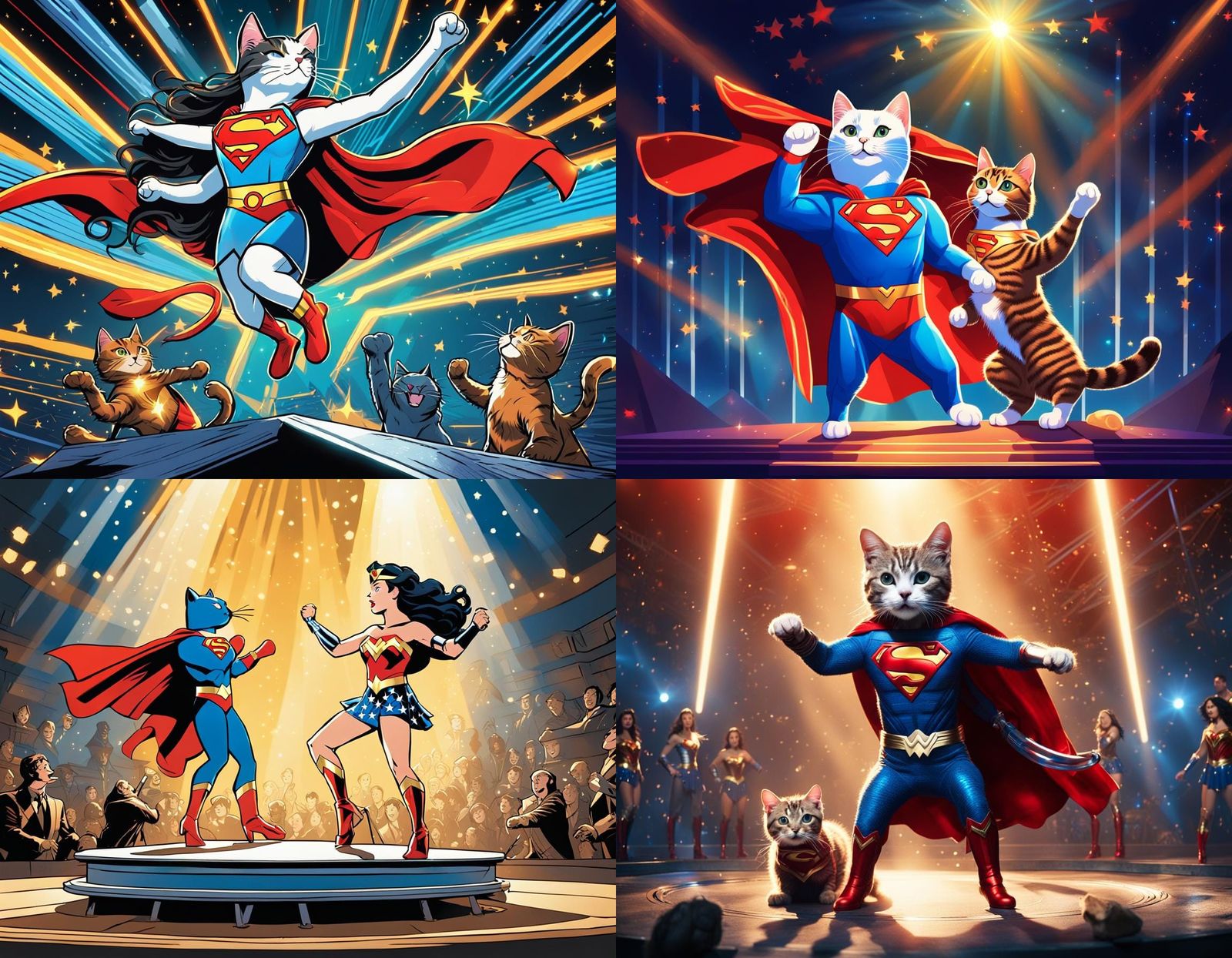 Cat as Superman Dancing with Wonder Woman