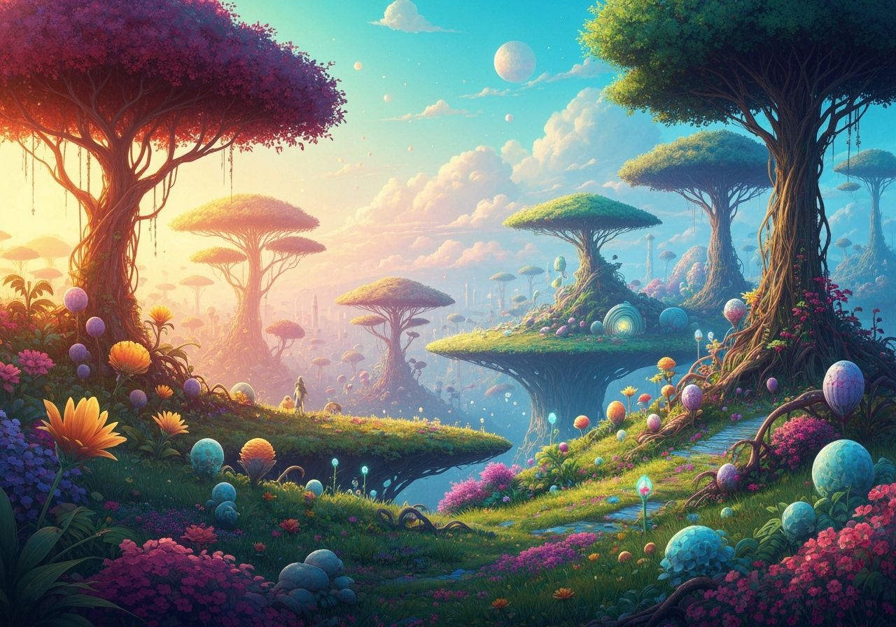 Vibrant Dreamscape in a Futuristic Painterly Style