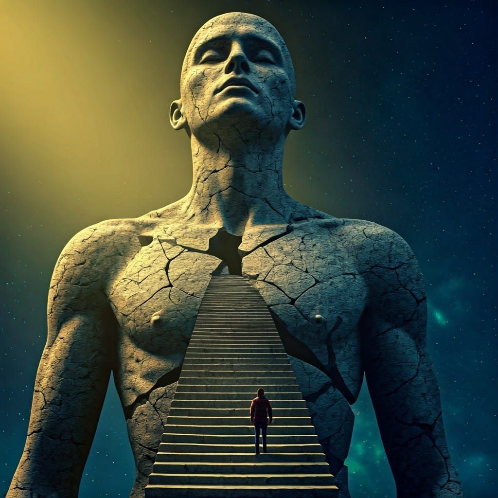 Surreal Humanoid Statue in Space with Optical Illusions