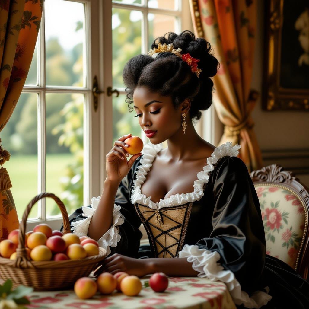 Regal Black Woman in 18th Century Gown by Sunlit Table