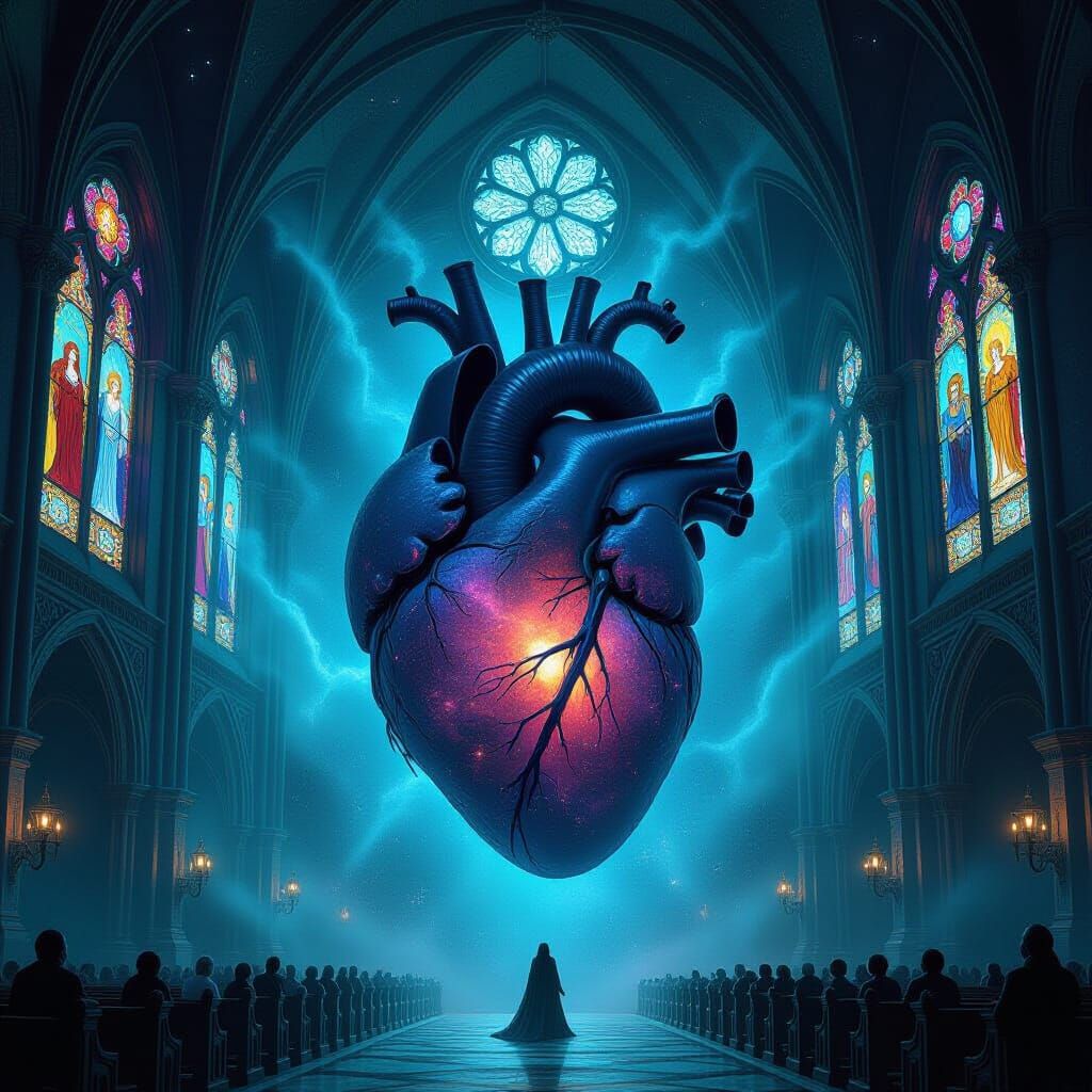 Biomechanical Heart in Gothic Cathedral, Dark Surrealism
