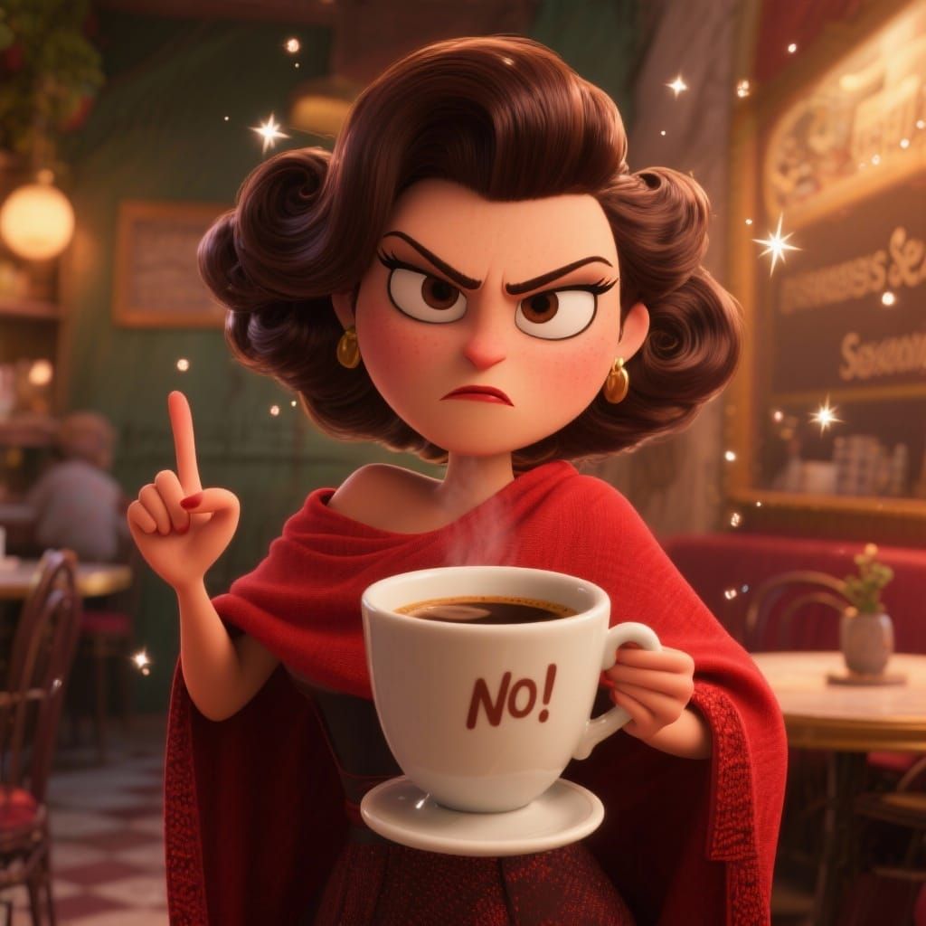 Espresso Señora: Stern Anthropomorphic Cup in Italian Cafe