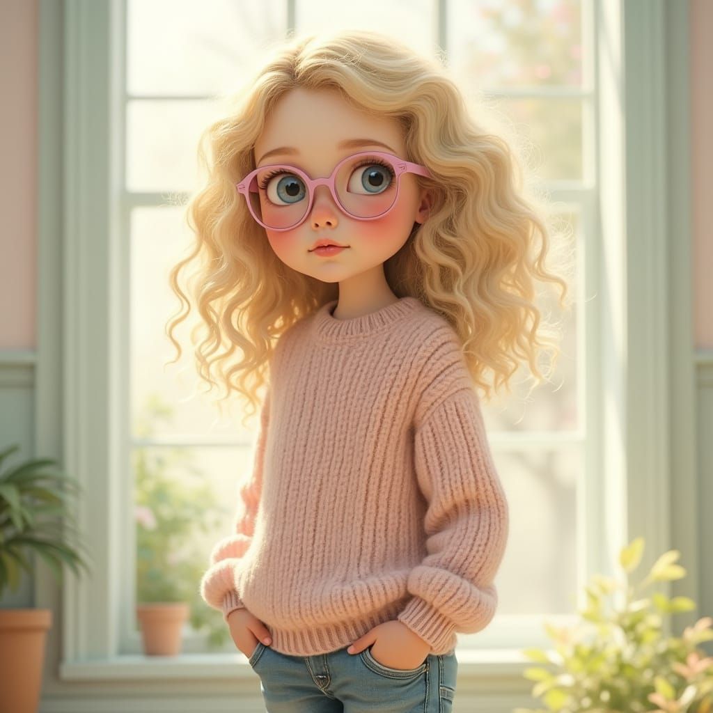Blond Girl with Pink Glasses in Whimsical Style