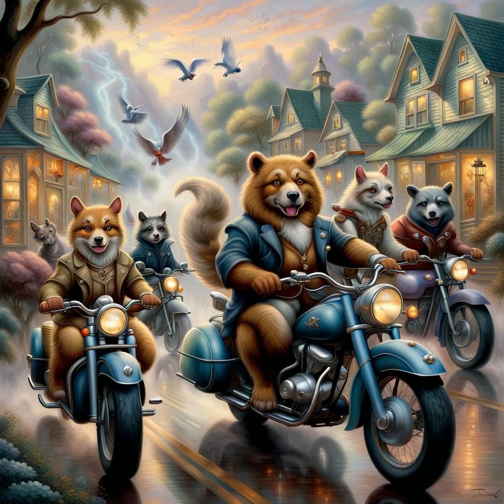 A group of different animals riding motorcycles. Some have sidecars. ethereal fantasy hyperdetailed mist Thomas Kinkade