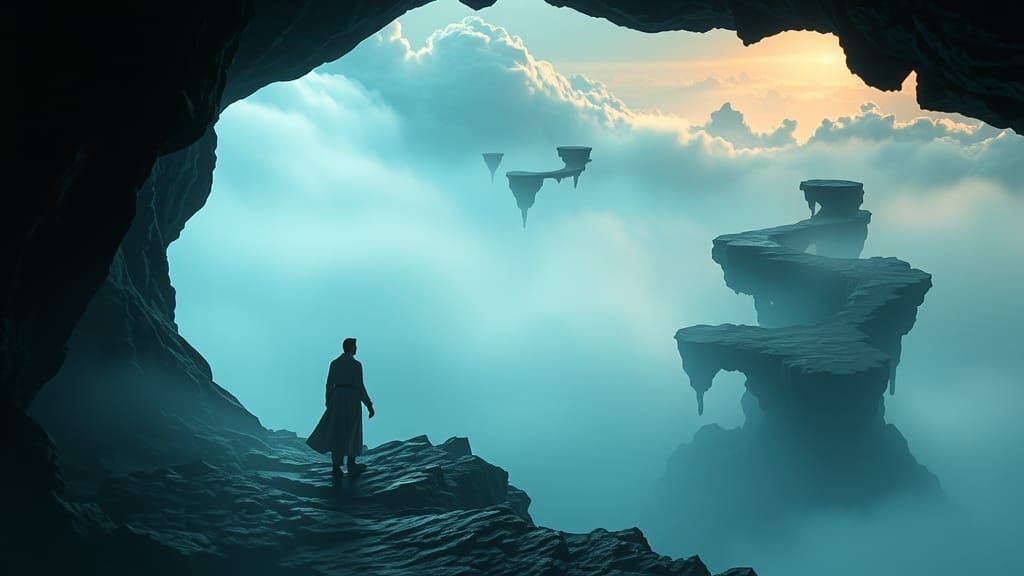 Exiting a cave into a misty ethereal high fantasy dreamscape...