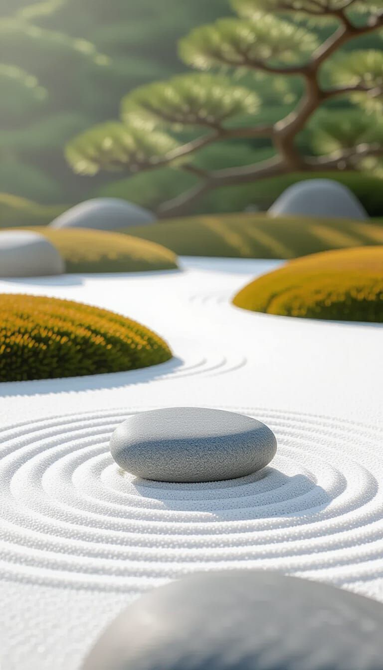 Minimalist Zen Landscape with Grey Stone on Raked Sand
