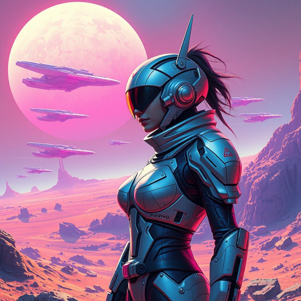 Cyberpunk Warrior on Distant Planet with Neon-Lit Spaceships...
