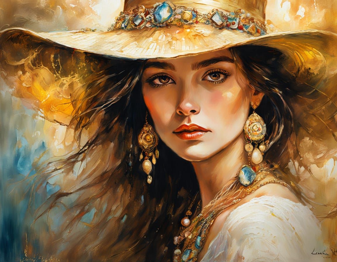 Woman with Hat and Gold Jewelry as Fine Art Painting