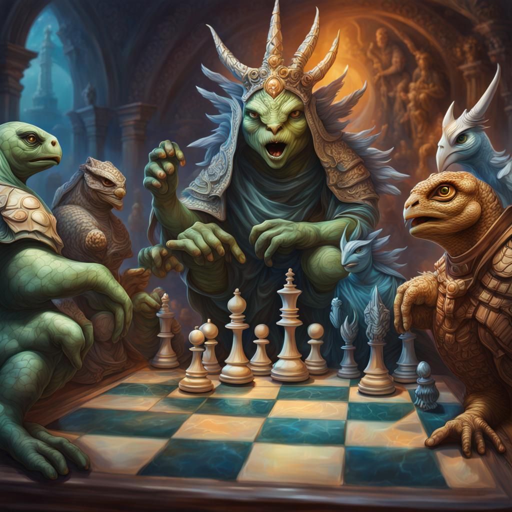 Hyperrealistic Chessboard with Fantasy Characters