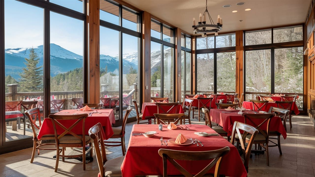 Elegant Dining Room with Panoramic Mountain View in Warm Amb...