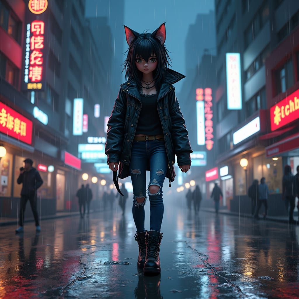 Anime Cat Girl Detective in Cyberpunk Cityscape