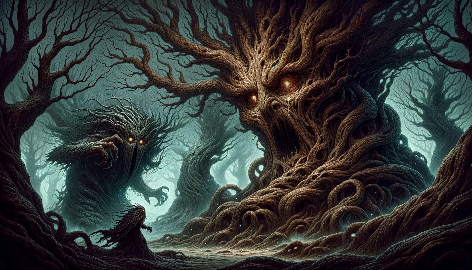 The Bitter Tree and Shadow Beast in Eerie Forest