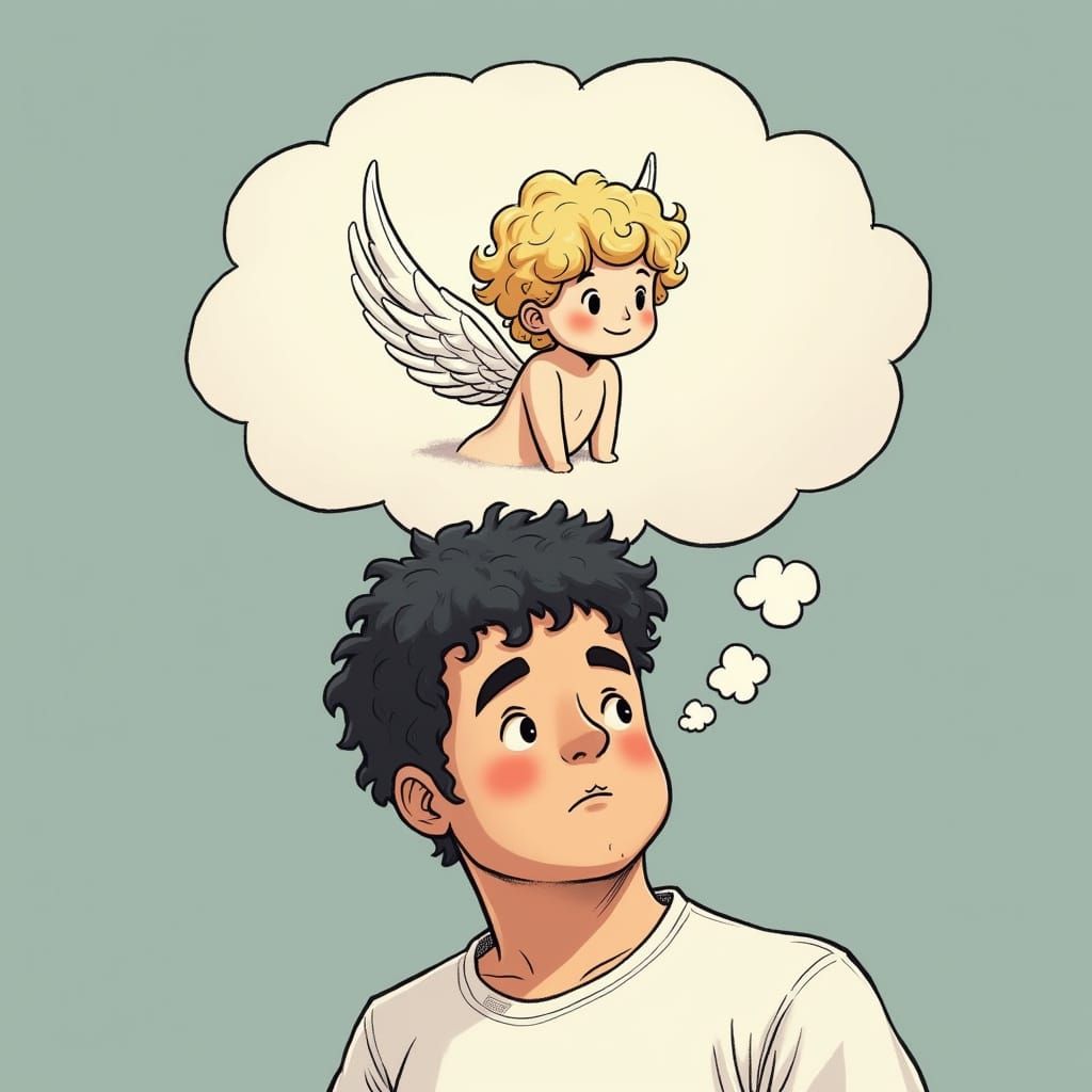 Introspective Man Surrounded by Angelic Guidance