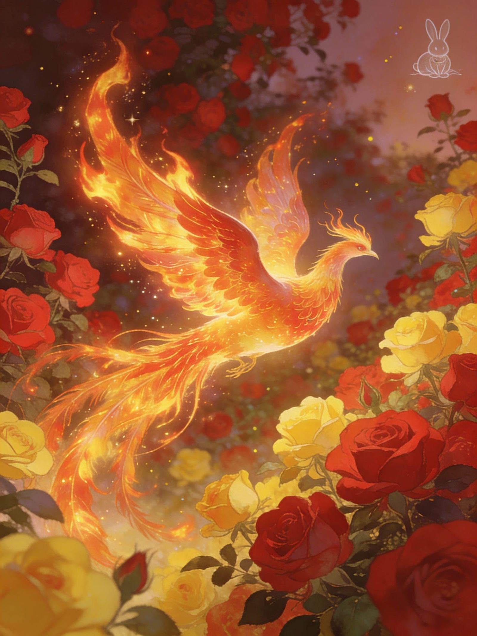 Ethereal Phoenix Among Red and Yellow Roses in Art Nouveau S...