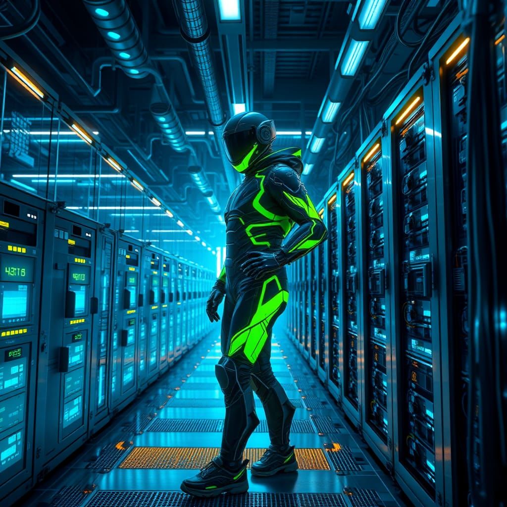 Futuristic Cryptominer in Neon Facility, Concept Art