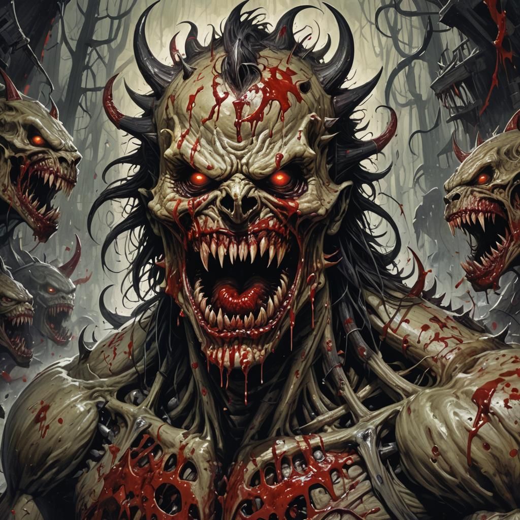 Sinister Blood-Covered Monster with Sharp Teeth